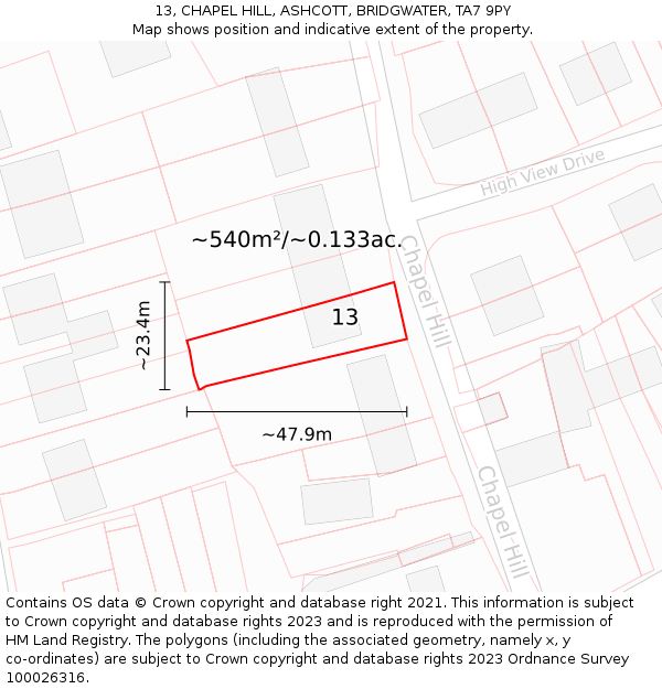 13, CHAPEL HILL, ASHCOTT, BRIDGWATER, TA7 9PY: Plot and title map