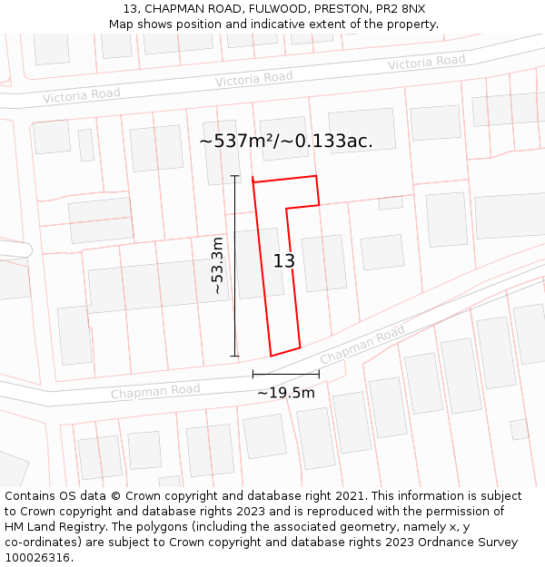 13, CHAPMAN ROAD, FULWOOD, PRESTON, PR2 8NX: Plot and title map