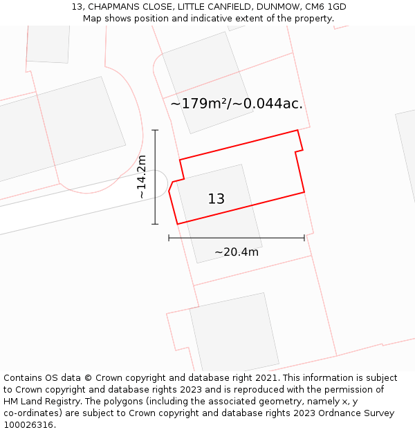 13, CHAPMANS CLOSE, LITTLE CANFIELD, DUNMOW, CM6 1GD: Plot and title map