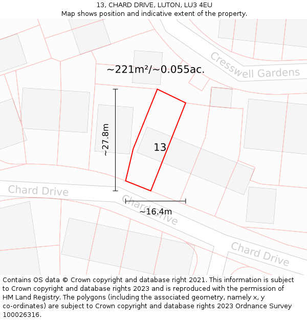 13, CHARD DRIVE, LUTON, LU3 4EU: Plot and title map