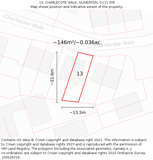 13, CHARLECOTE WALK, NUNEATON, CV11 4YE: Plot and title map