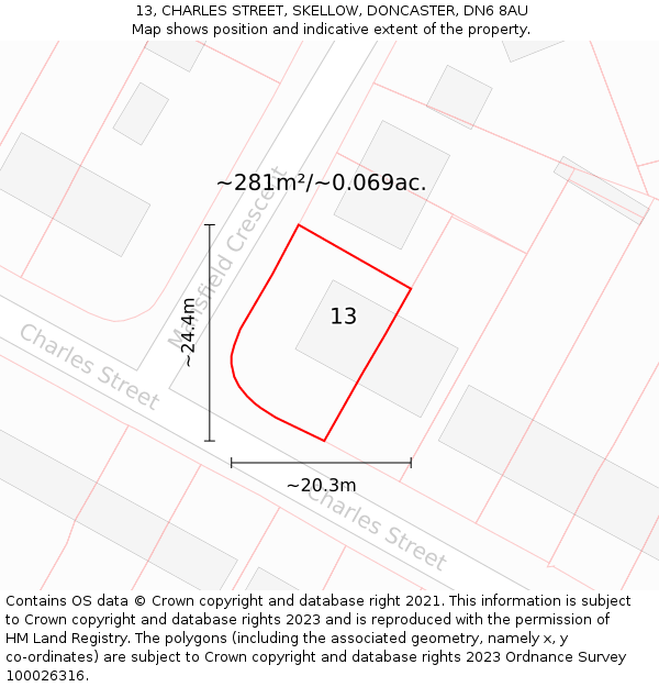 13, CHARLES STREET, SKELLOW, DONCASTER, DN6 8AU: Plot and title map