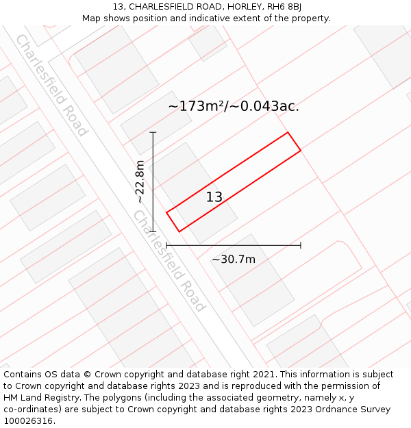 13, CHARLESFIELD ROAD, HORLEY, RH6 8BJ: Plot and title map