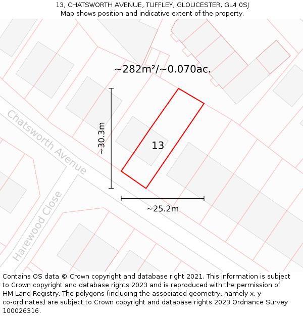 13, CHATSWORTH AVENUE, TUFFLEY, GLOUCESTER, GL4 0SJ: Plot and title map