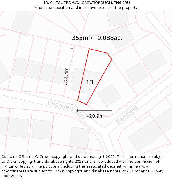 13, CHEQUERS WAY, CROWBOROUGH, TN6 2RU: Plot and title map