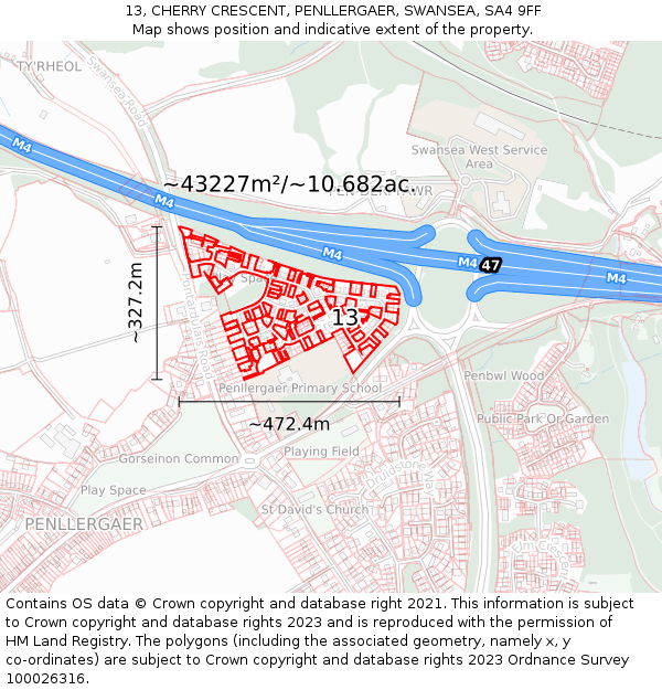 13, CHERRY CRESCENT, PENLLERGAER, SWANSEA, SA4 9FF: Plot and title map
