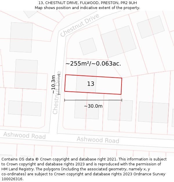 13, CHESTNUT DRIVE, FULWOOD, PRESTON, PR2 9UH: Plot and title map