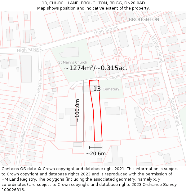 13, CHURCH LANE, BROUGHTON, BRIGG, DN20 0AD: Plot and title map