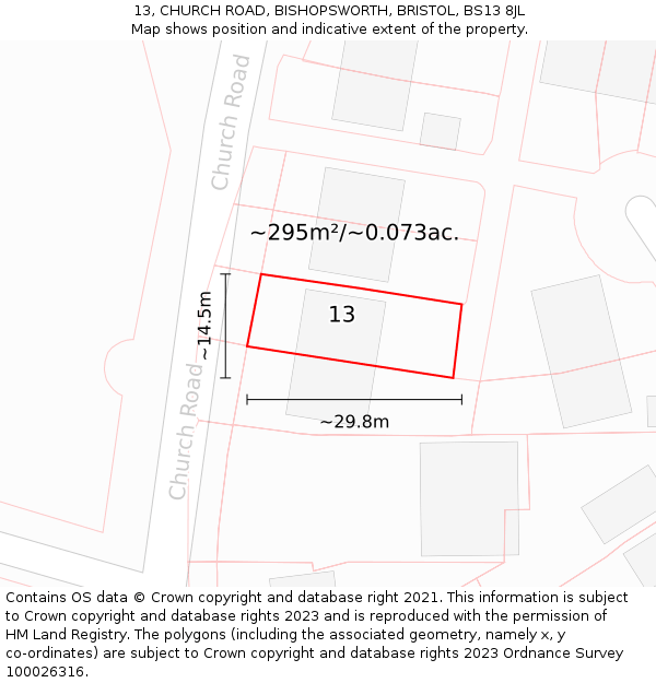 13, CHURCH ROAD, BISHOPSWORTH, BRISTOL, BS13 8JL: Plot and title map