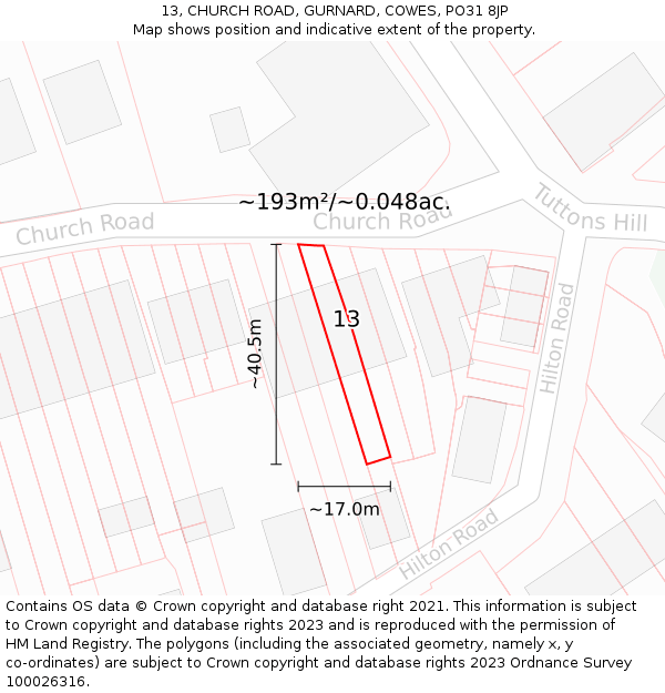 13, CHURCH ROAD, GURNARD, COWES, PO31 8JP: Plot and title map