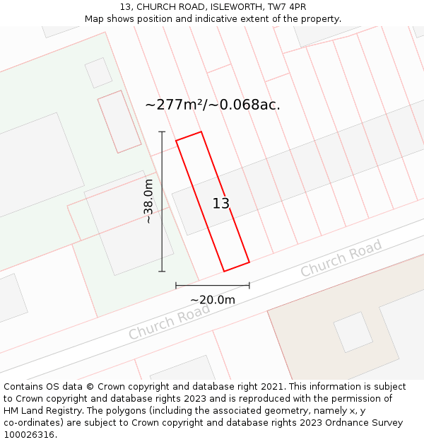 13, CHURCH ROAD, ISLEWORTH, TW7 4PR: Plot and title map