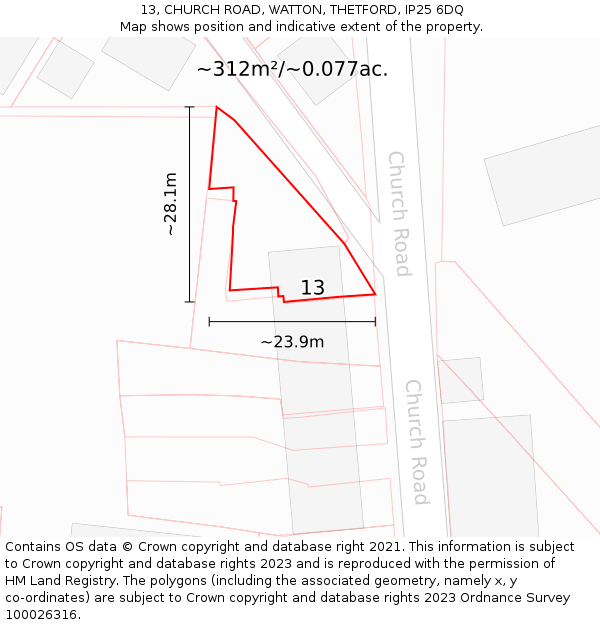 13, CHURCH ROAD, WATTON, THETFORD, IP25 6DQ: Plot and title map