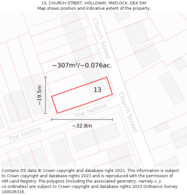 13, CHURCH STREET, HOLLOWAY, MATLOCK, DE4 5AY: Plot and title map