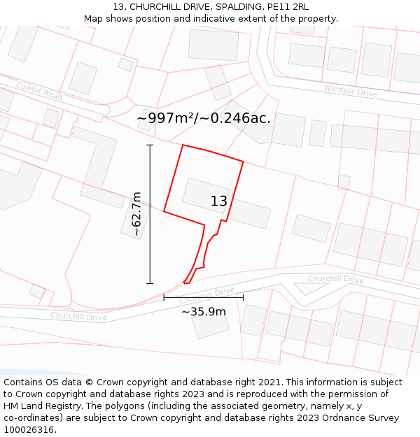 13, CHURCHILL DRIVE, SPALDING, PE11 2RL: Plot and title map