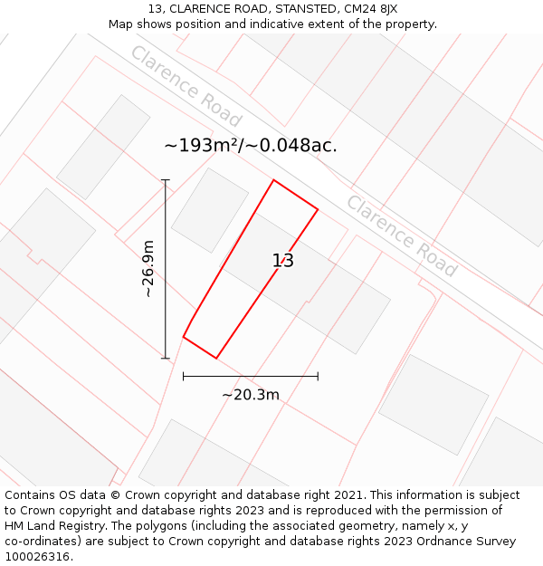 13, CLARENCE ROAD, STANSTED, CM24 8JX: Plot and title map