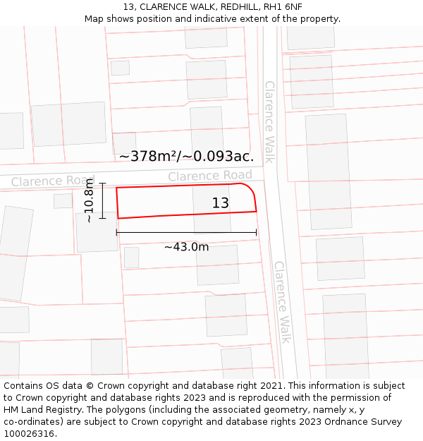 13, CLARENCE WALK, REDHILL, RH1 6NF: Plot and title map