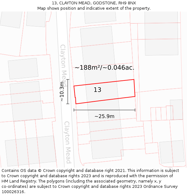 13, CLAYTON MEAD, GODSTONE, RH9 8NX: Plot and title map