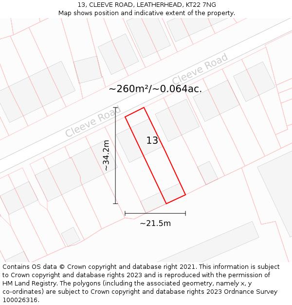 13, CLEEVE ROAD, LEATHERHEAD, KT22 7NG: Plot and title map