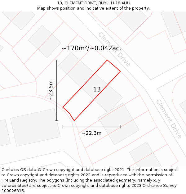 13, CLEMENT DRIVE, RHYL, LL18 4HU: Plot and title map