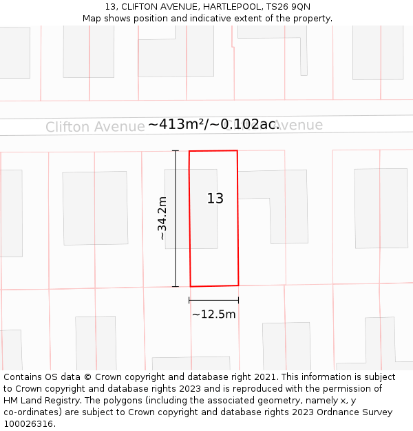 13, CLIFTON AVENUE, HARTLEPOOL, TS26 9QN: Plot and title map