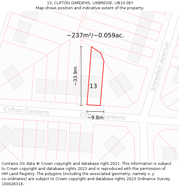 13, CLIFTON GARDENS, UXBRIDGE, UB10 0EY: Plot and title map