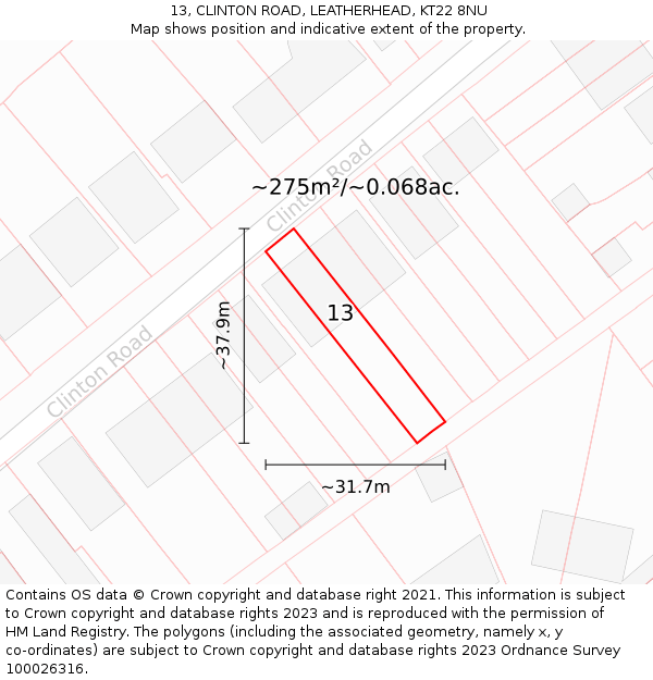 13, CLINTON ROAD, LEATHERHEAD, KT22 8NU: Plot and title map