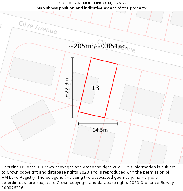 13, CLIVE AVENUE, LINCOLN, LN6 7UJ: Plot and title map