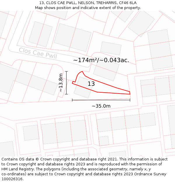 13, CLOS CAE PWLL, NELSON, TREHARRIS, CF46 6LA: Plot and title map