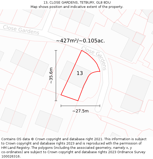 13, CLOSE GARDENS, TETBURY, GL8 8DU: Plot and title map