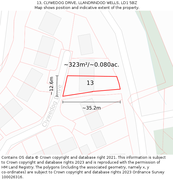 13, CLYWEDOG DRIVE, LLANDRINDOD WELLS, LD1 5BZ: Plot and title map