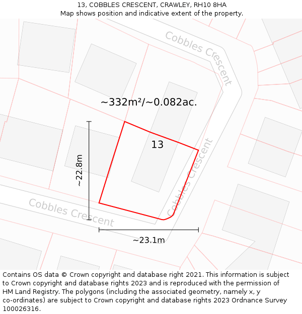 13, COBBLES CRESCENT, CRAWLEY, RH10 8HA: Plot and title map