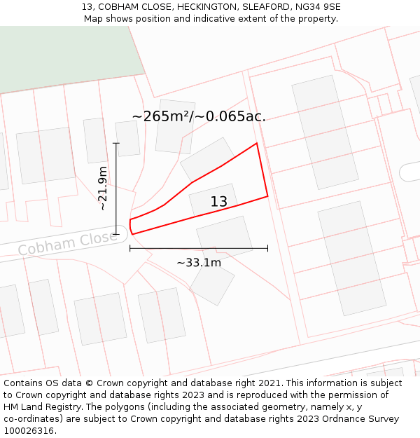 13, COBHAM CLOSE, HECKINGTON, SLEAFORD, NG34 9SE: Plot and title map