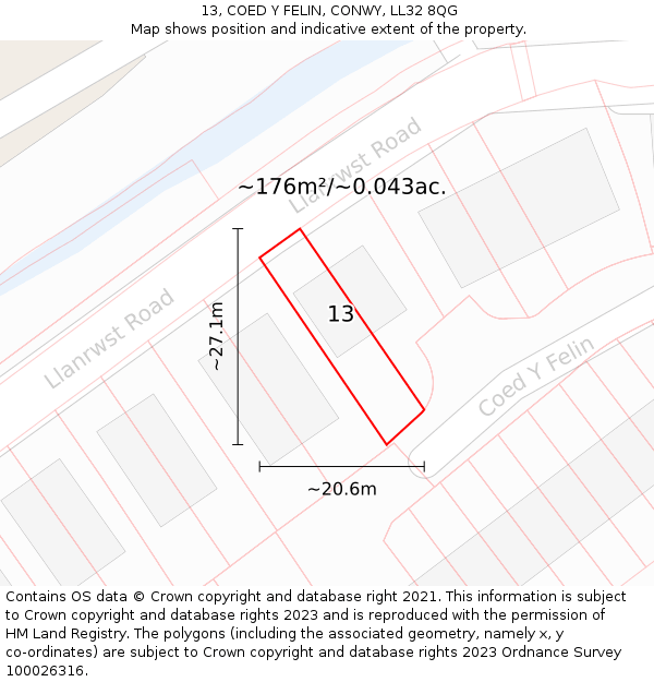 13, COED Y FELIN, CONWY, LL32 8QG: Plot and title map