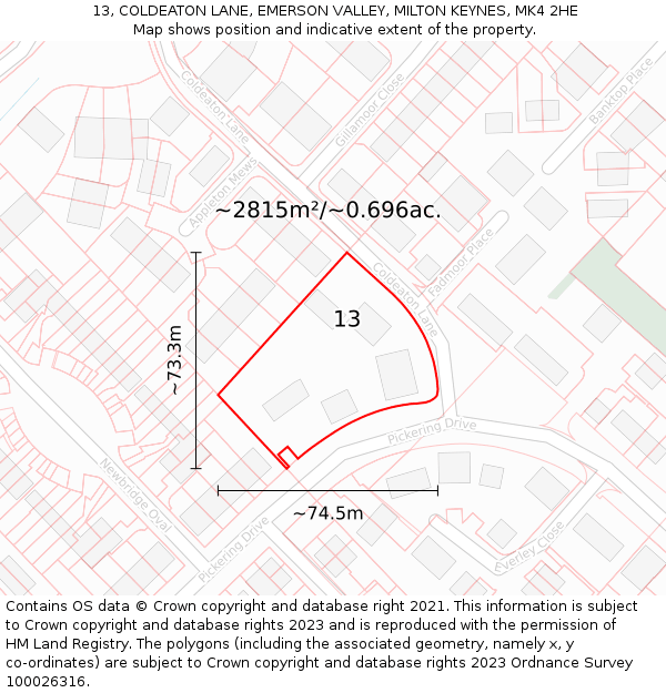 13, COLDEATON LANE, EMERSON VALLEY, MILTON KEYNES, MK4 2HE: Plot and title map