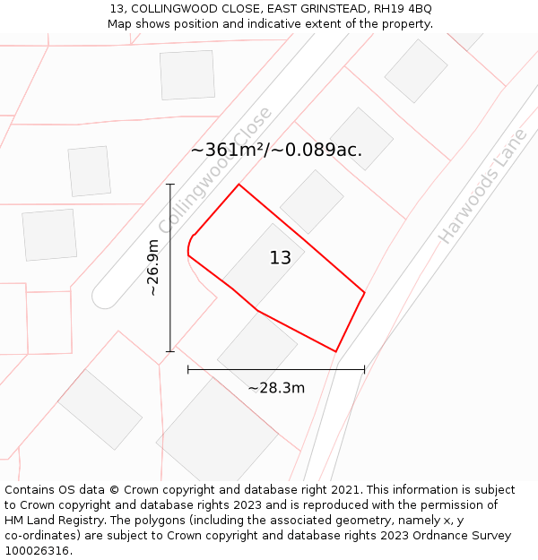 13, COLLINGWOOD CLOSE, EAST GRINSTEAD, RH19 4BQ: Plot and title map