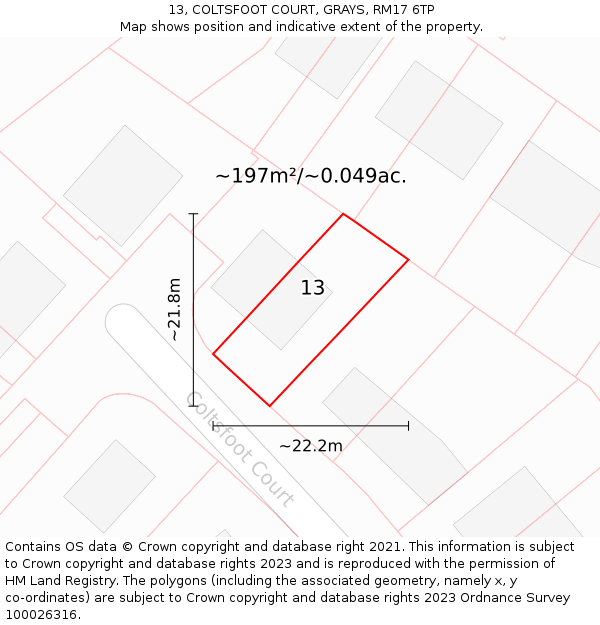 13, COLTSFOOT COURT, GRAYS, RM17 6TP: Plot and title map