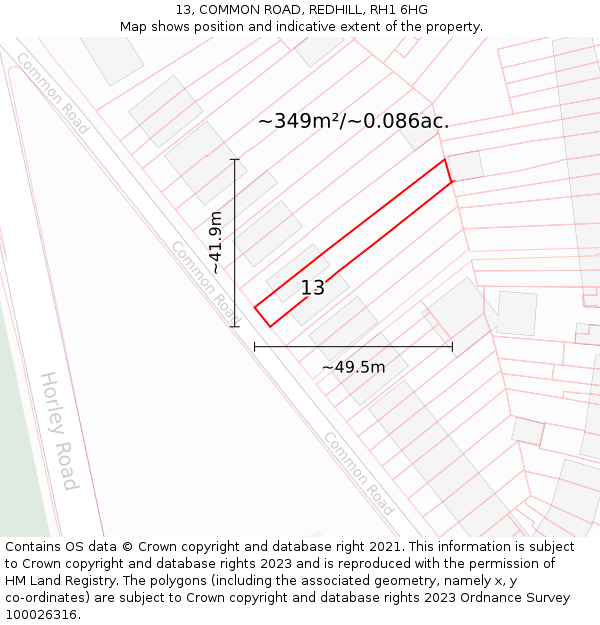 13, COMMON ROAD, REDHILL, RH1 6HG: Plot and title map