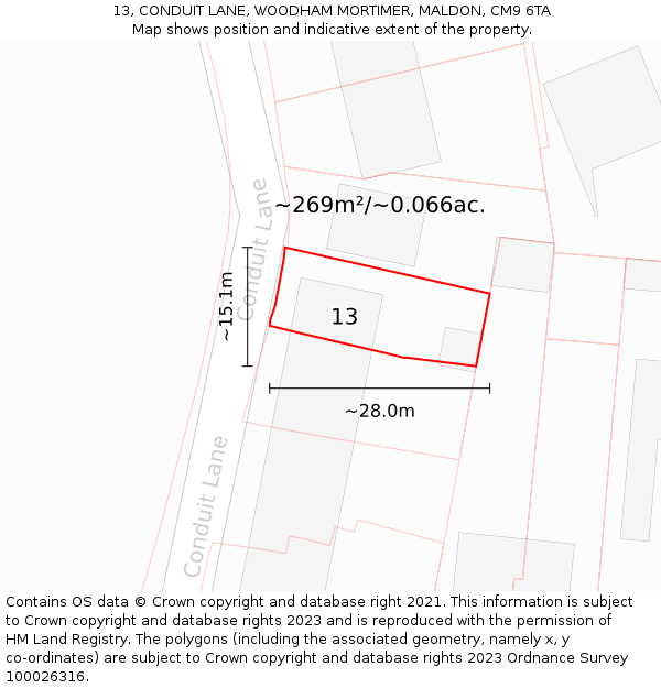 13, CONDUIT LANE, WOODHAM MORTIMER, MALDON, CM9 6TA: Plot and title map