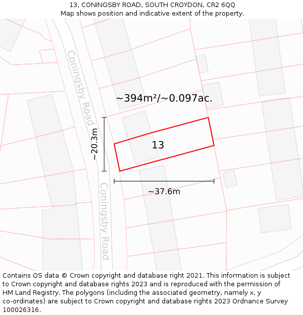 13, CONINGSBY ROAD, SOUTH CROYDON, CR2 6QQ: Plot and title map