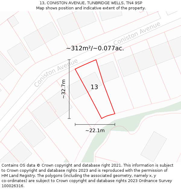 13, CONISTON AVENUE, TUNBRIDGE WELLS, TN4 9SP: Plot and title map