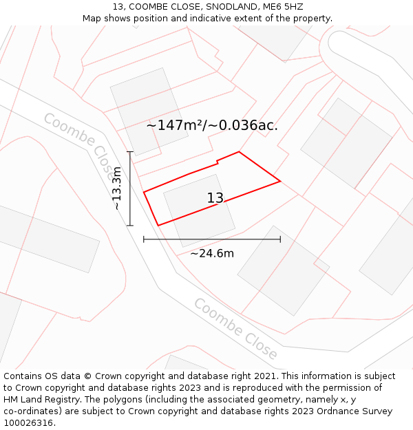 13, COOMBE CLOSE, SNODLAND, ME6 5HZ: Plot and title map