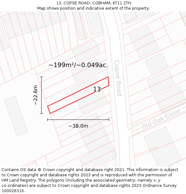 13, COPSE ROAD, COBHAM, KT11 2TN: Plot and title map