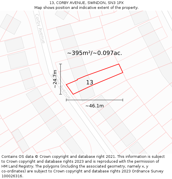 13, CORBY AVENUE, SWINDON, SN3 1PX: Plot and title map