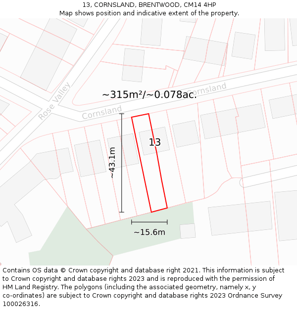 13, CORNSLAND, BRENTWOOD, CM14 4HP: Plot and title map