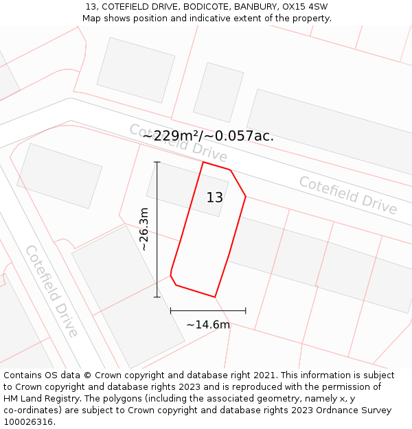 13, COTEFIELD DRIVE, BODICOTE, BANBURY, OX15 4SW: Plot and title map