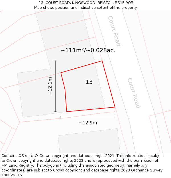 13, COURT ROAD, KINGSWOOD, BRISTOL, BS15 9QB: Plot and title map