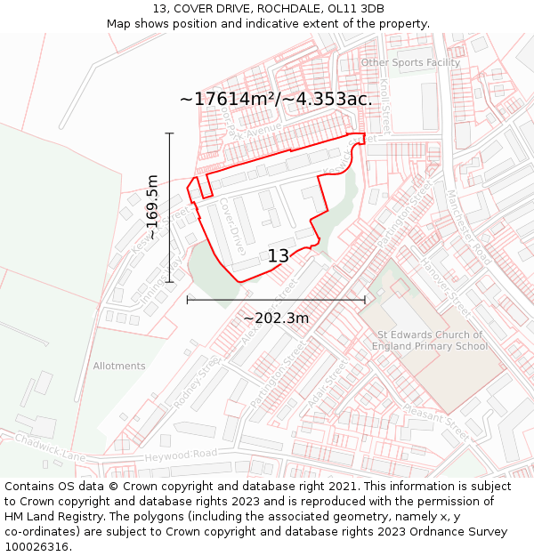 13, COVER DRIVE, ROCHDALE, OL11 3DB: Plot and title map