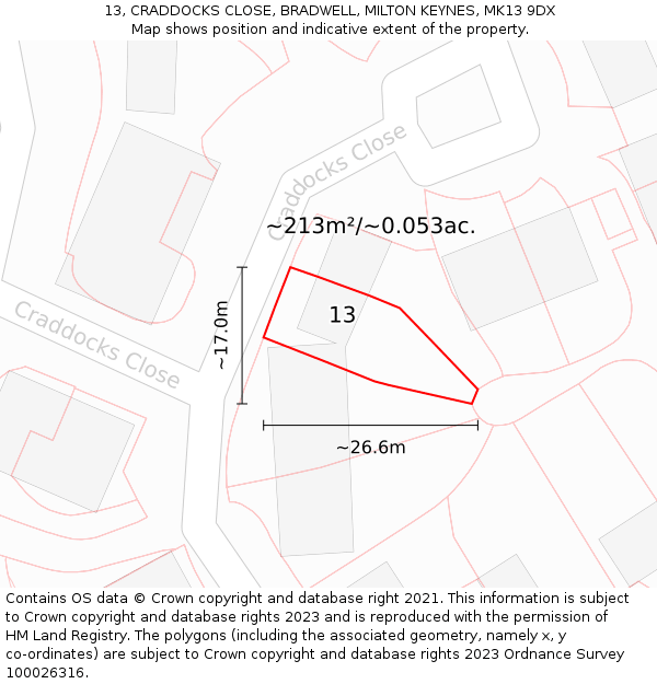 13, CRADDOCKS CLOSE, BRADWELL, MILTON KEYNES, MK13 9DX: Plot and title map