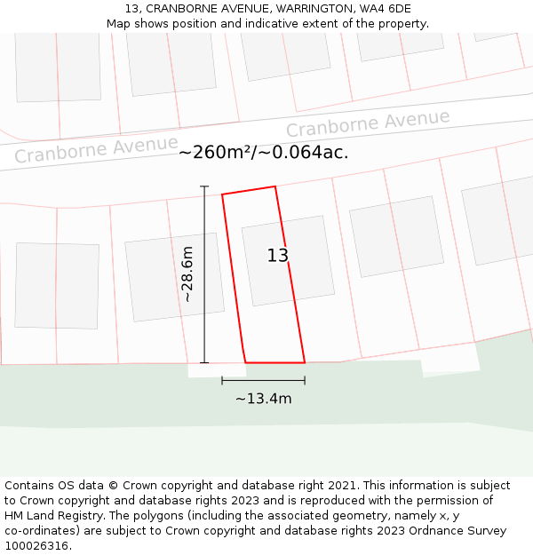 13, CRANBORNE AVENUE, WARRINGTON, WA4 6DE: Plot and title map