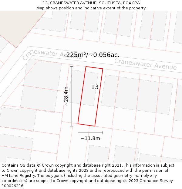 13, CRANESWATER AVENUE, SOUTHSEA, PO4 0PA: Plot and title map